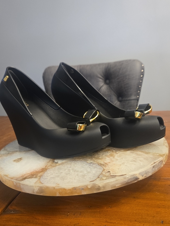 Melissa Shoes - Nib Melissa Black Peep-Toe Wedge Heels with Gold Accent Size 6